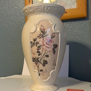 Floral Cream Vase with Pink Rose Design